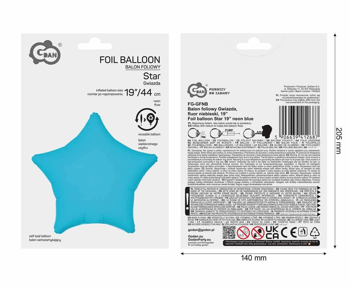 Foil balloon Star 19“ neon blue